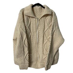 Vintage Cable Knit Cowichan Cardigan Handmade Cream Fisherman Coastal Full Zip